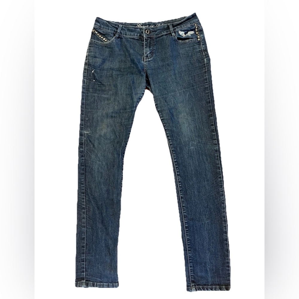 Grace in LA Jeans Womens Size‎ 11 Blue Denim Embellished Studded Wings Skinny